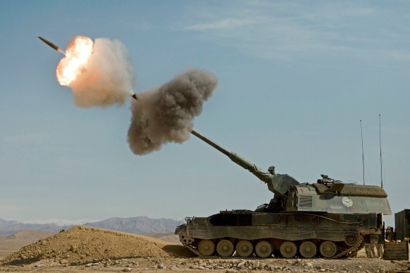 A Dutch Panzerhaubitze 2000 fires a round in Afghanistan.